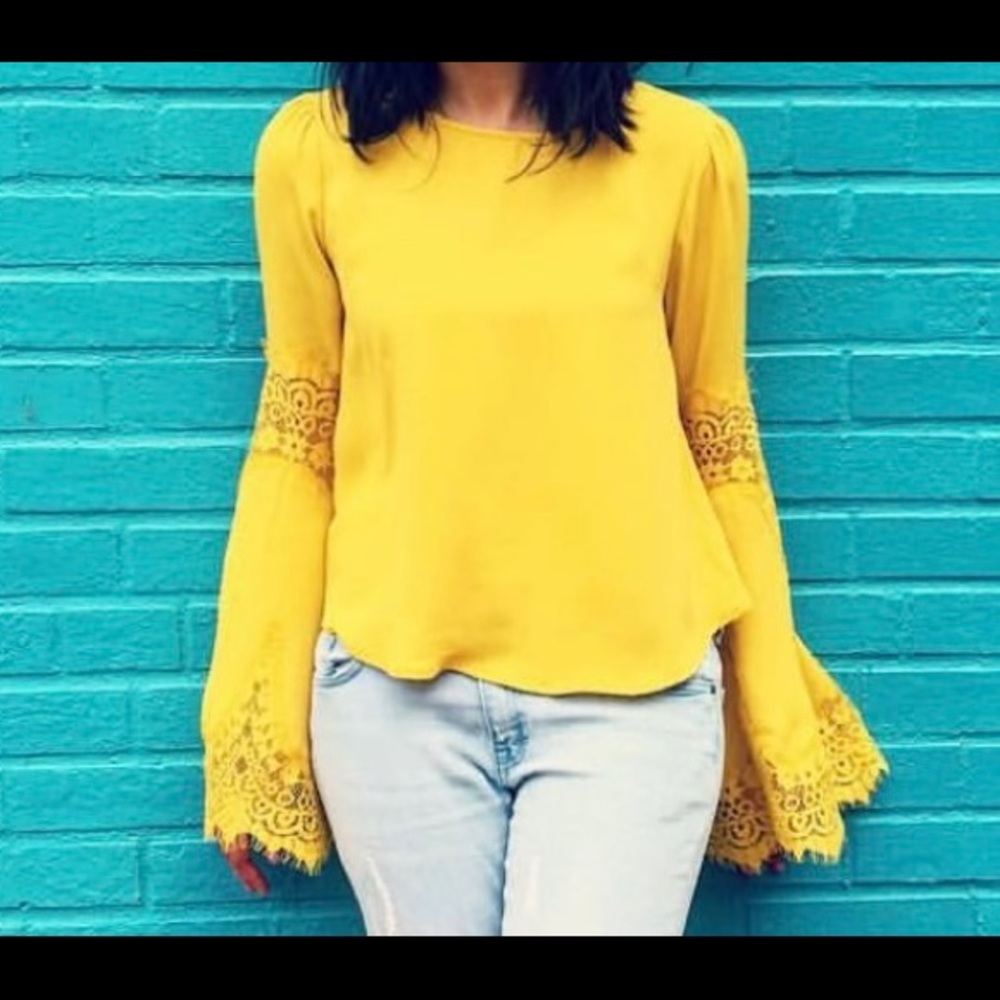 Mustard yellow blouse with lace sleeves!